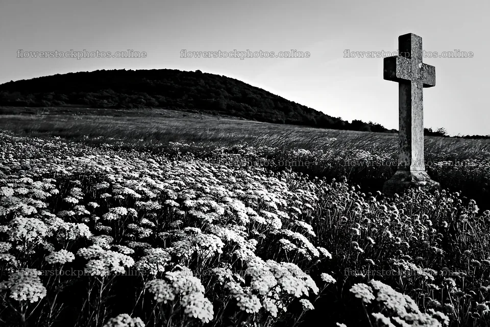 Christian cross in a meadow at blue hour – flower stock photos 9722x6480