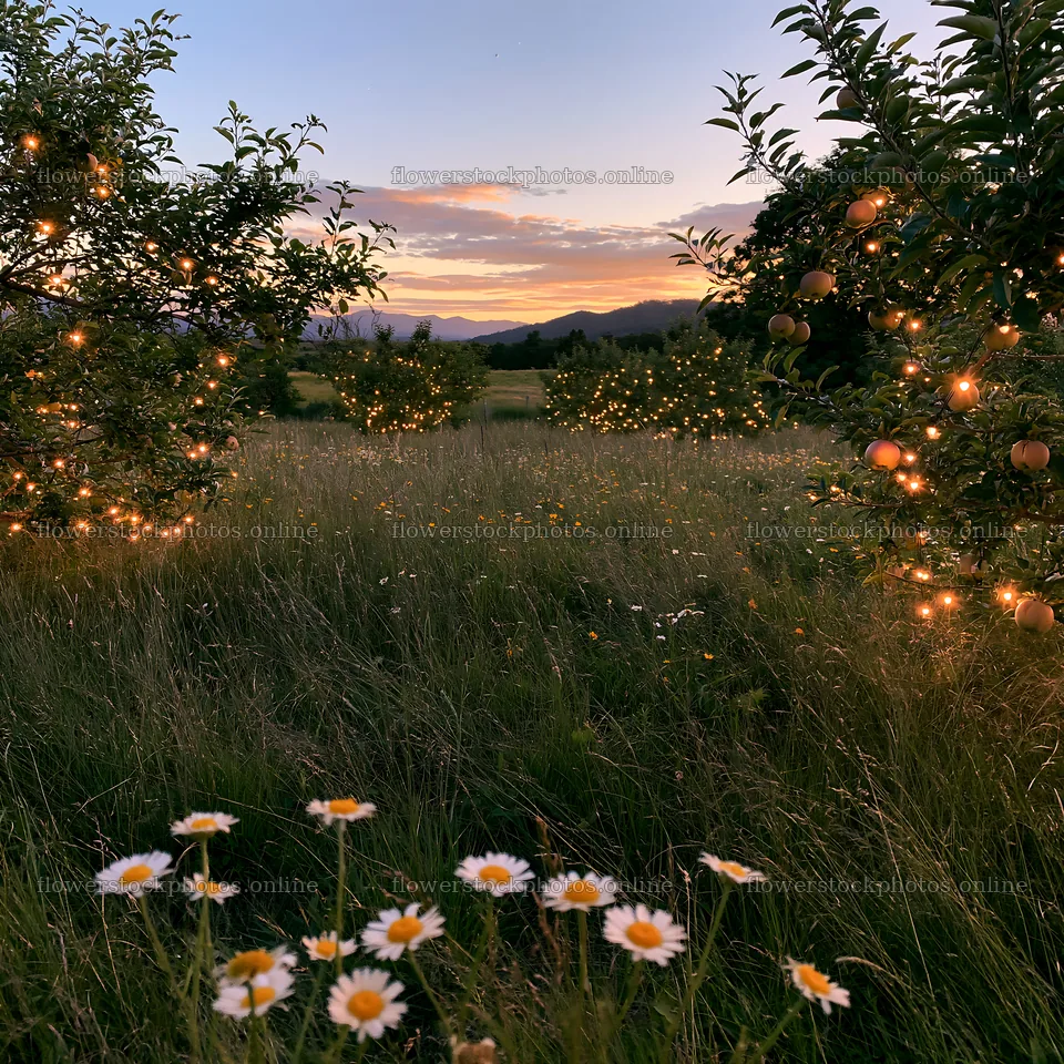 Christmas lights on apple trees in a meadow during sunset – flower stock photos 7938x7938