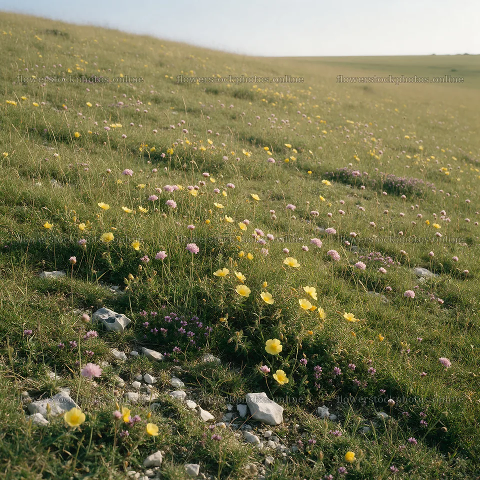 Sunny chalk meadow with wildflowers and open sky – flower stock photos 7938x7938