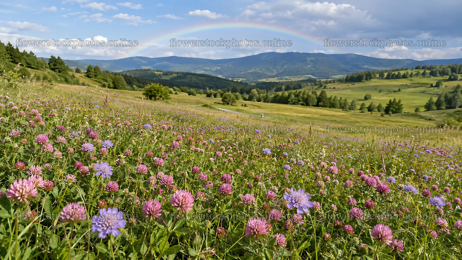 Flower-Filled Mountain Meadow Beneath a Rainbow – flower stock photos 10324x5812