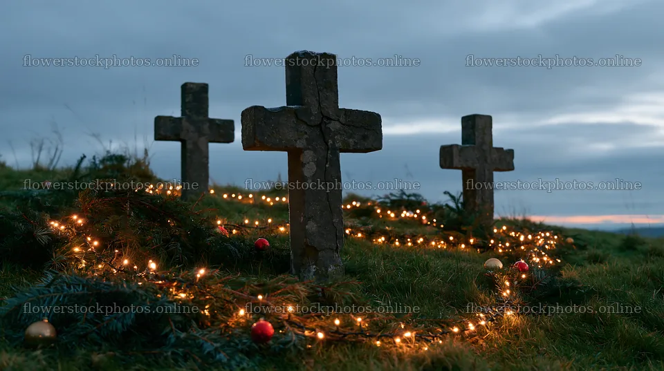 Three weathered crosses in a Christmas meadow – flower stock photos 10608x5938