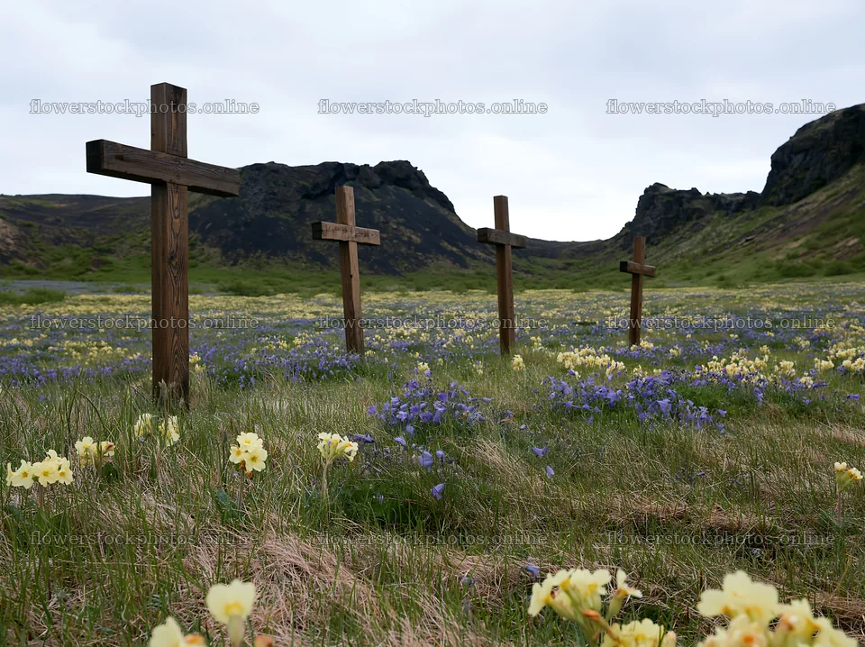 Wooden crosses in a meadow with flowers and mountains – flower stock photos 9174x6866