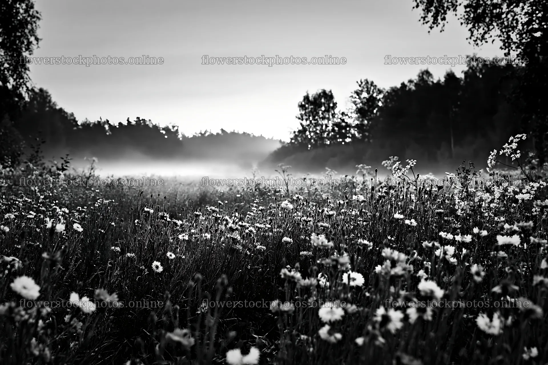 Cornflower meadow at dawn with mist in the background – flower stock photos 9722x6480