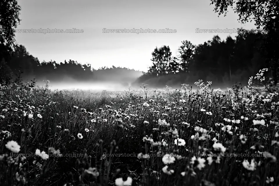 Cornflower meadow at dawn with mist in the background – flower stock photos 9722x6480