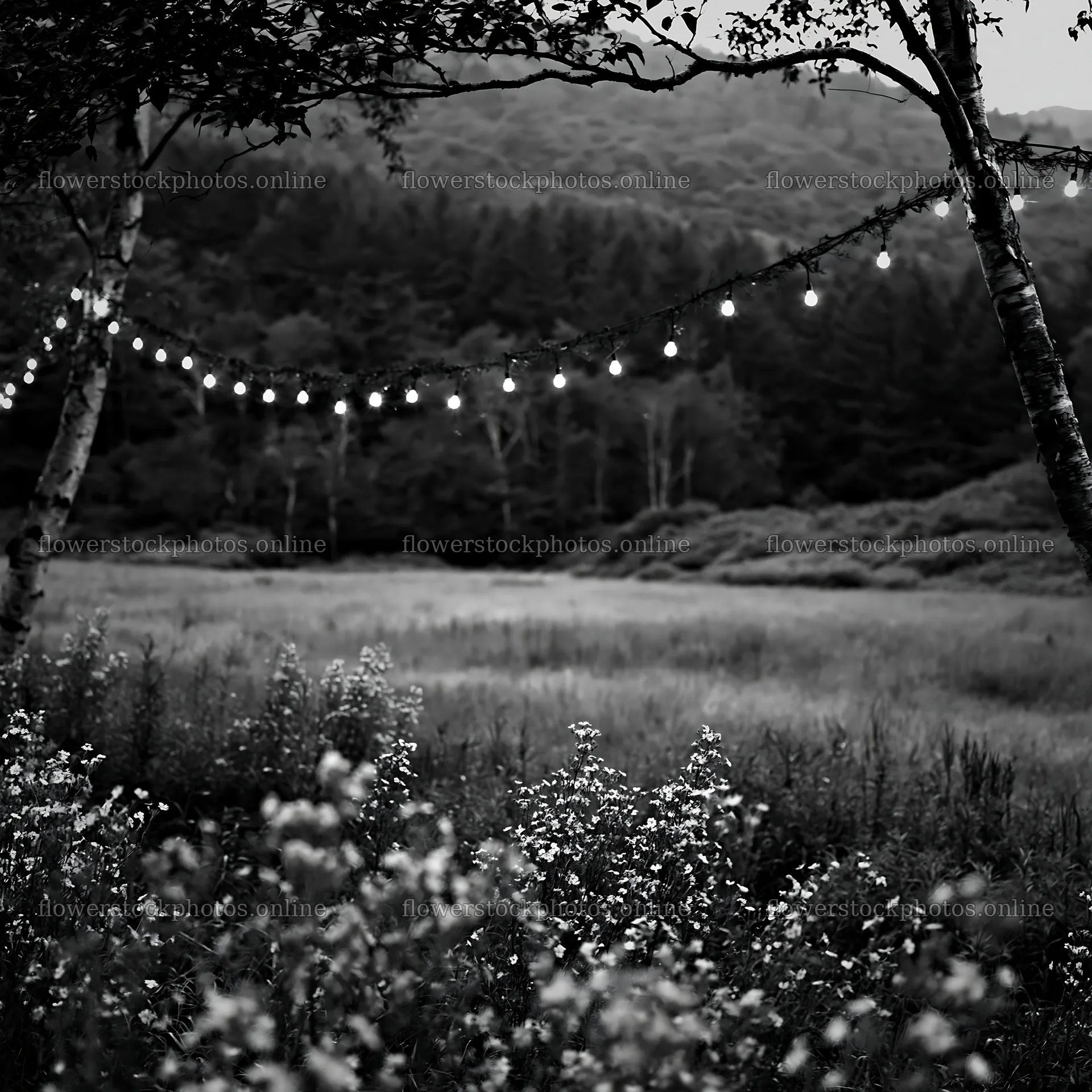 Wide Christmas meadow with natural flowers and fairy lights – flower stock photos 7938x7938