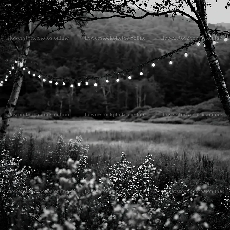Wide Christmas meadow with natural flowers and fairy lights – flower stock photos 7938x7938