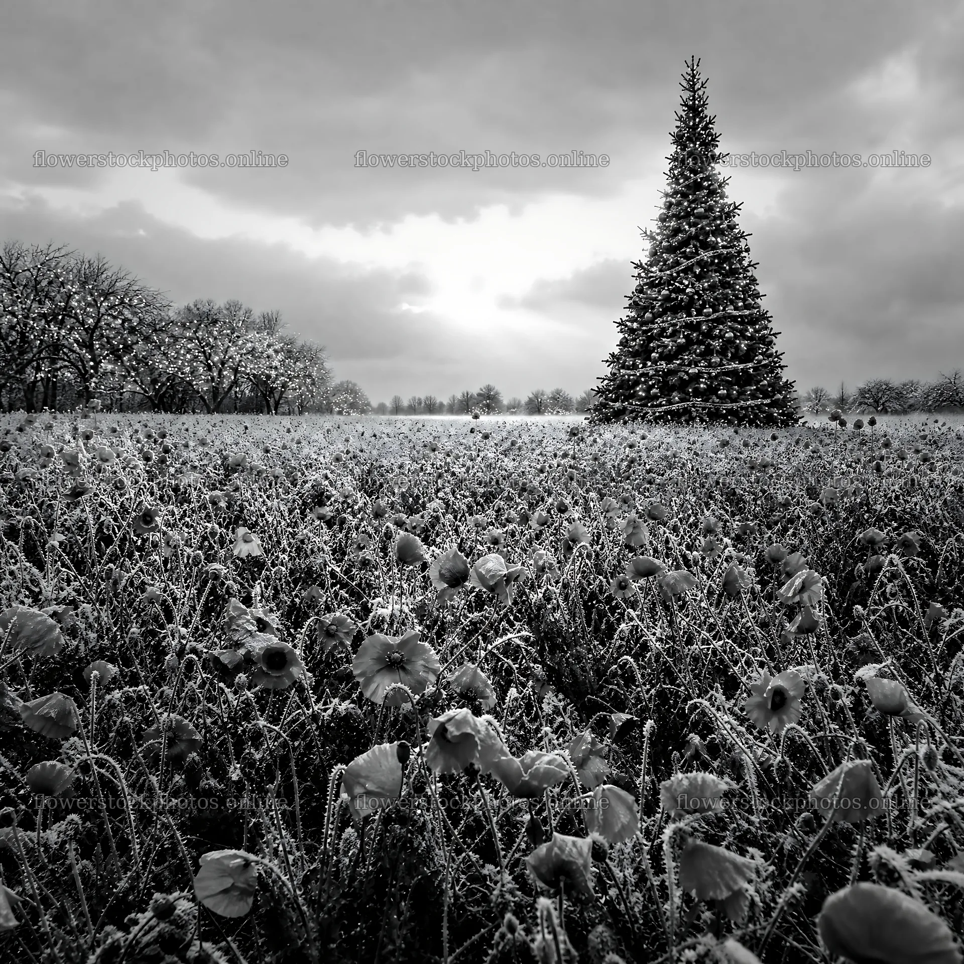 Vibrant Christmas tree stands in winter meadow – flower stock photos 7938x7938