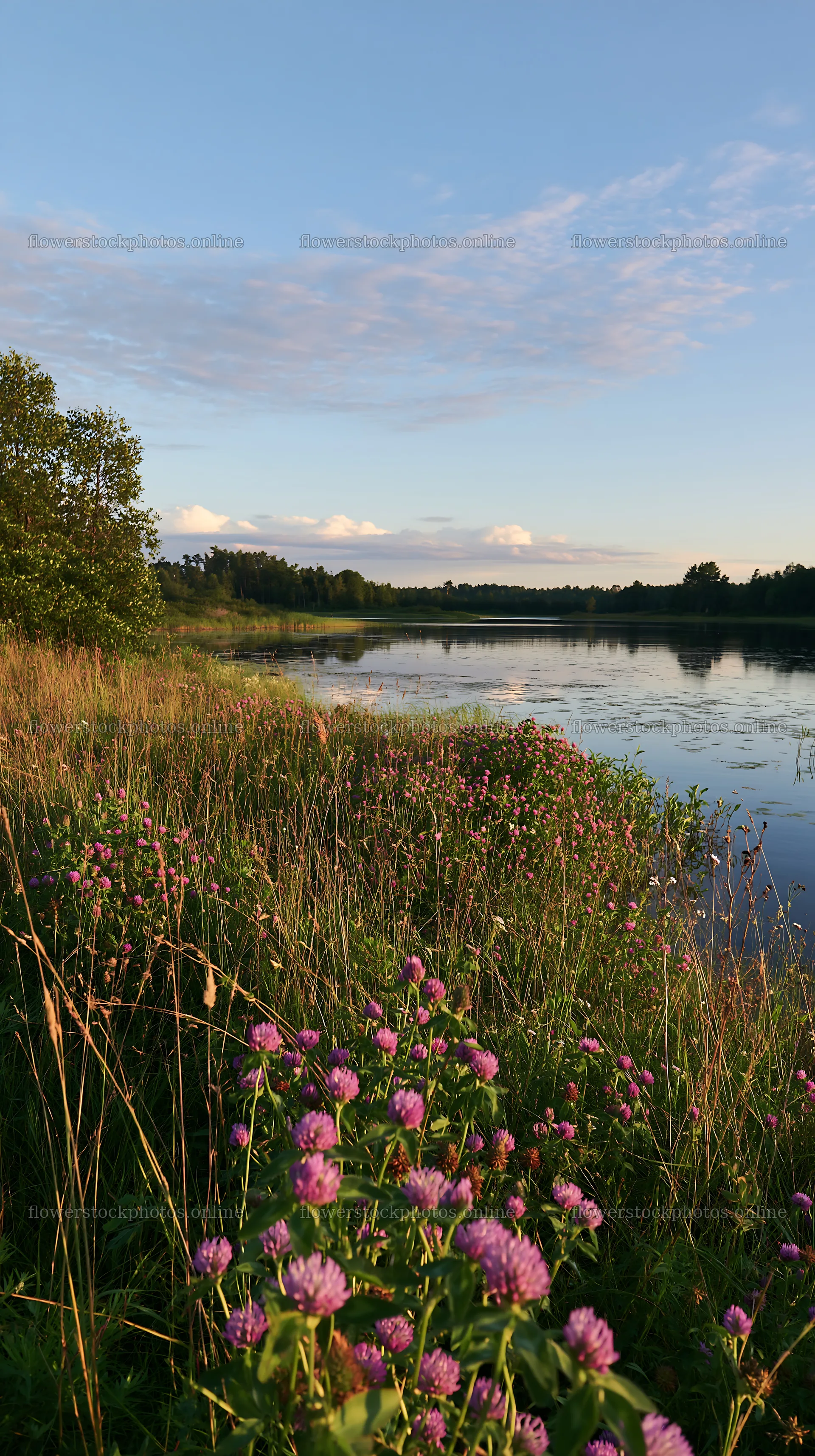 Sunlit lakeside meadow with wildflowers and calm water – flower stock photos 5938x10608