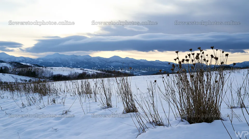 Biei hills meadow covered in snow during the winter season – flower stock photos 10608x5938