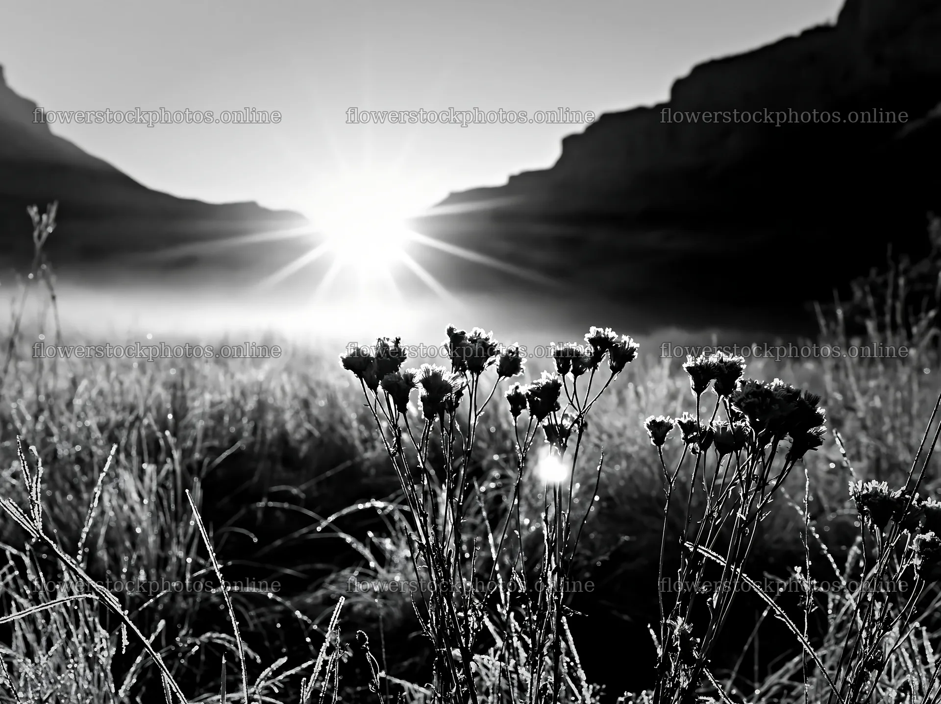Frosty meadow sunrise reveals flowers and mountains in background – flower stock photos 9174x6866