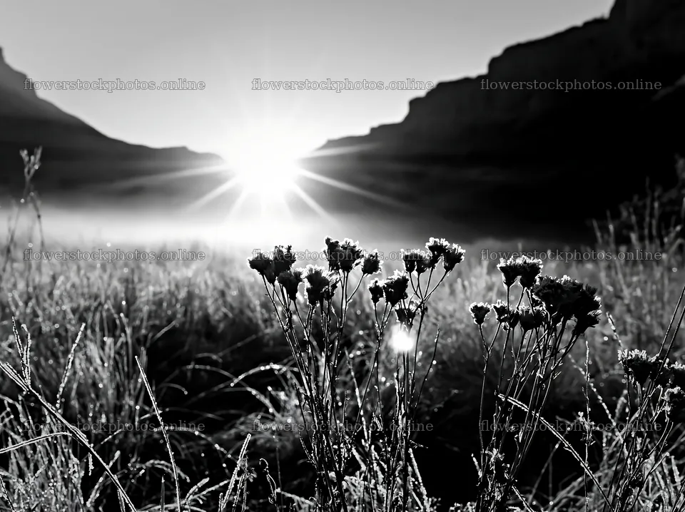 Frosty meadow sunrise reveals flowers and mountains in background – flower stock photos 9174x6866