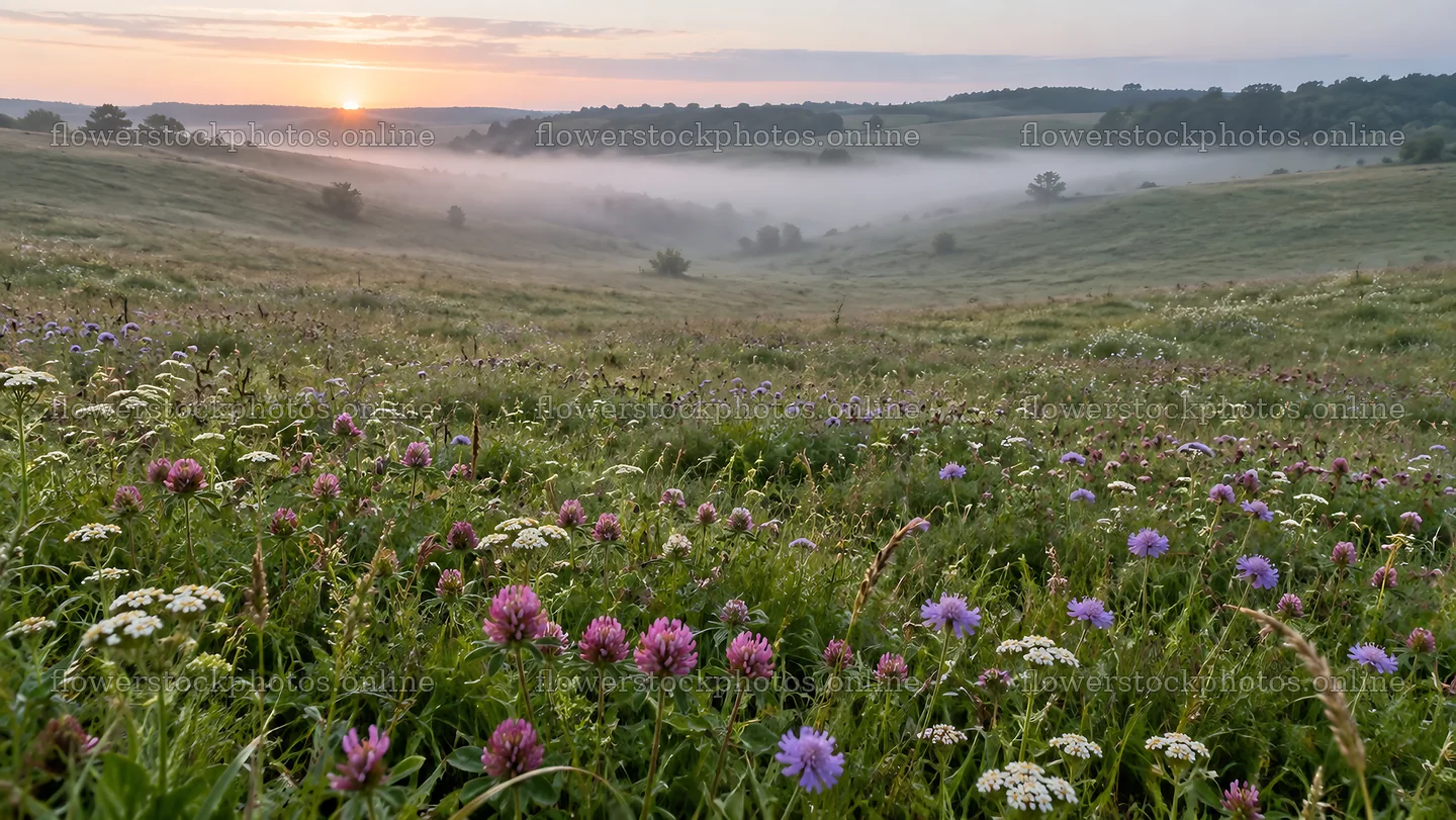 Misty Wildflower Meadow at Sunrise – flower stock photos 10324x5812