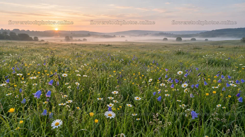 Wildflower Meadow in Morning Mist at Sunrise – flower stock photos 10324x5812