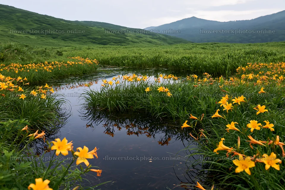 Daylily meadow at Kirigamine highland with a stream – flower stock photos 9722x6480