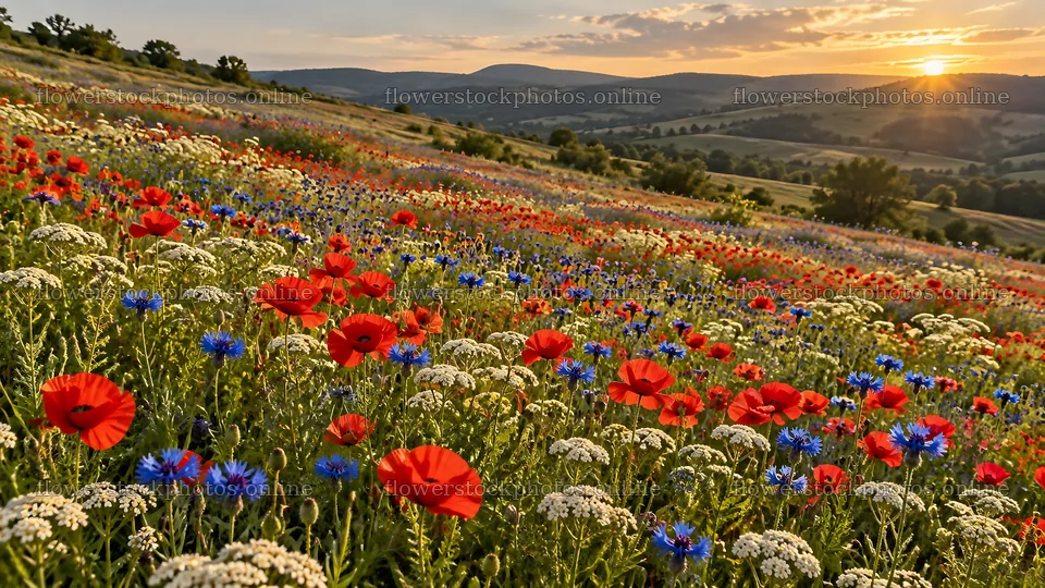 Wildflower Meadow in the Evening Sun – flower stock photos 10324x5812
