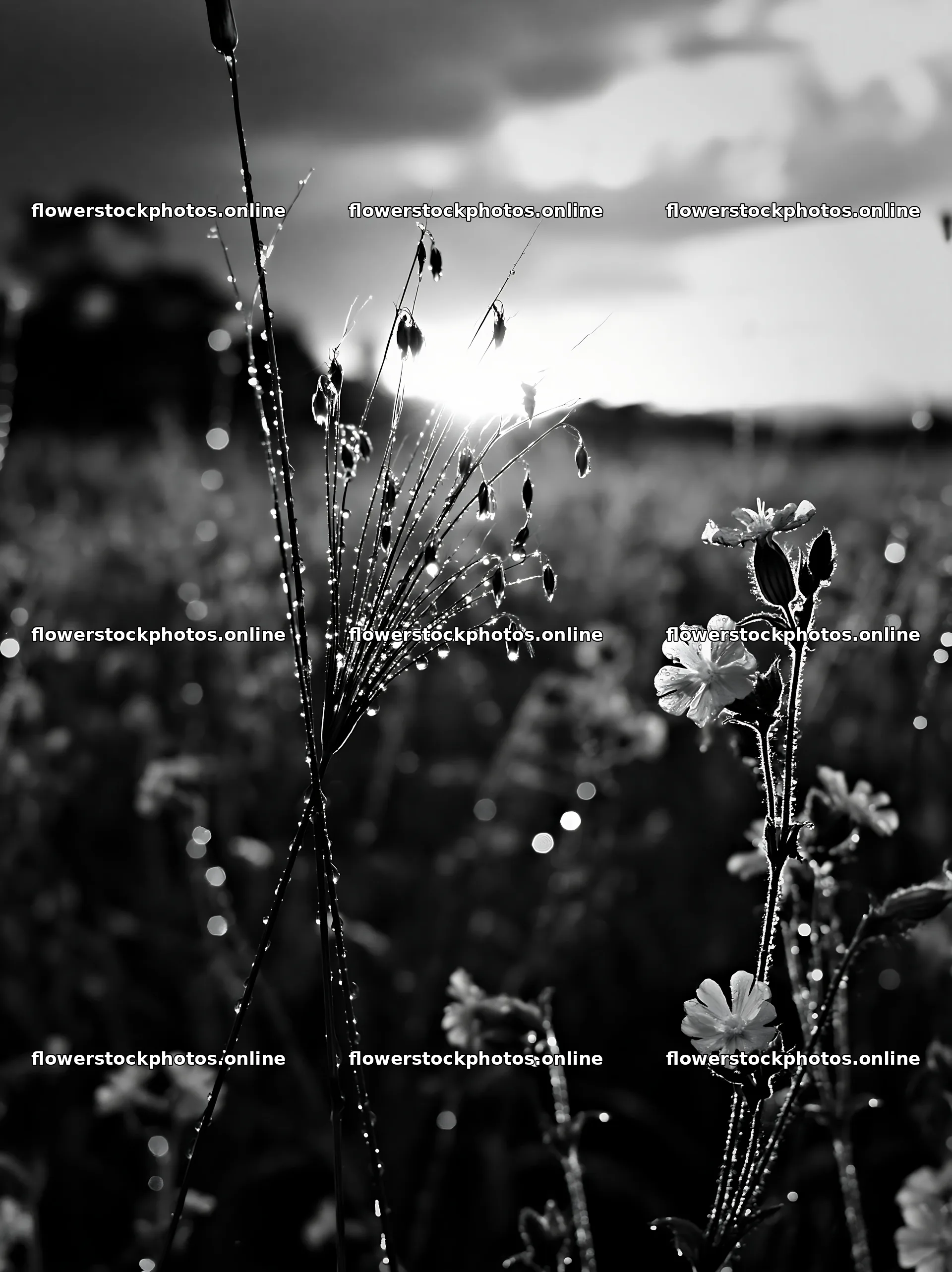 Iwate rain refreshed meadow seedhead foreground at sunset – flower stock photos 6866x9174