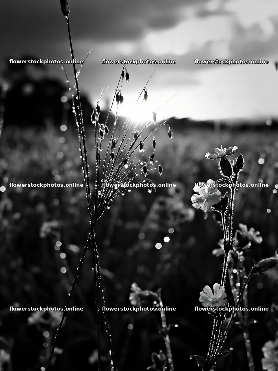 Iwate rain refreshed meadow seedhead foreground at sunset – flower stock photos 6866x9174