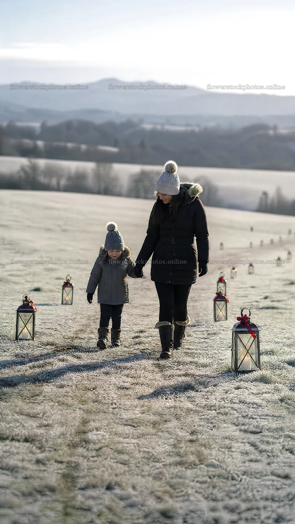 Meadow walk with lanterns in winter sunlight – flower stock photos 5952x10584