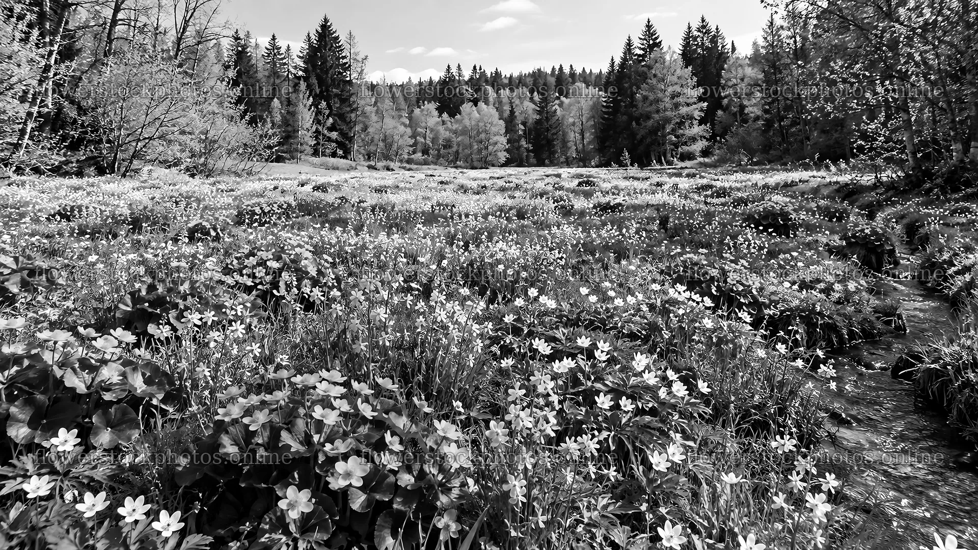 Flower-Filled Forest Clearing in Black and White – flower stock photos 10324x5812