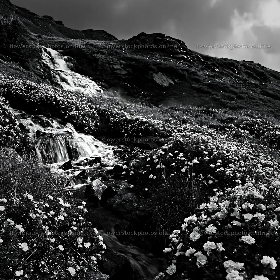 Waterfall and rose meadow in black and white – flower stock photos 7938x7938