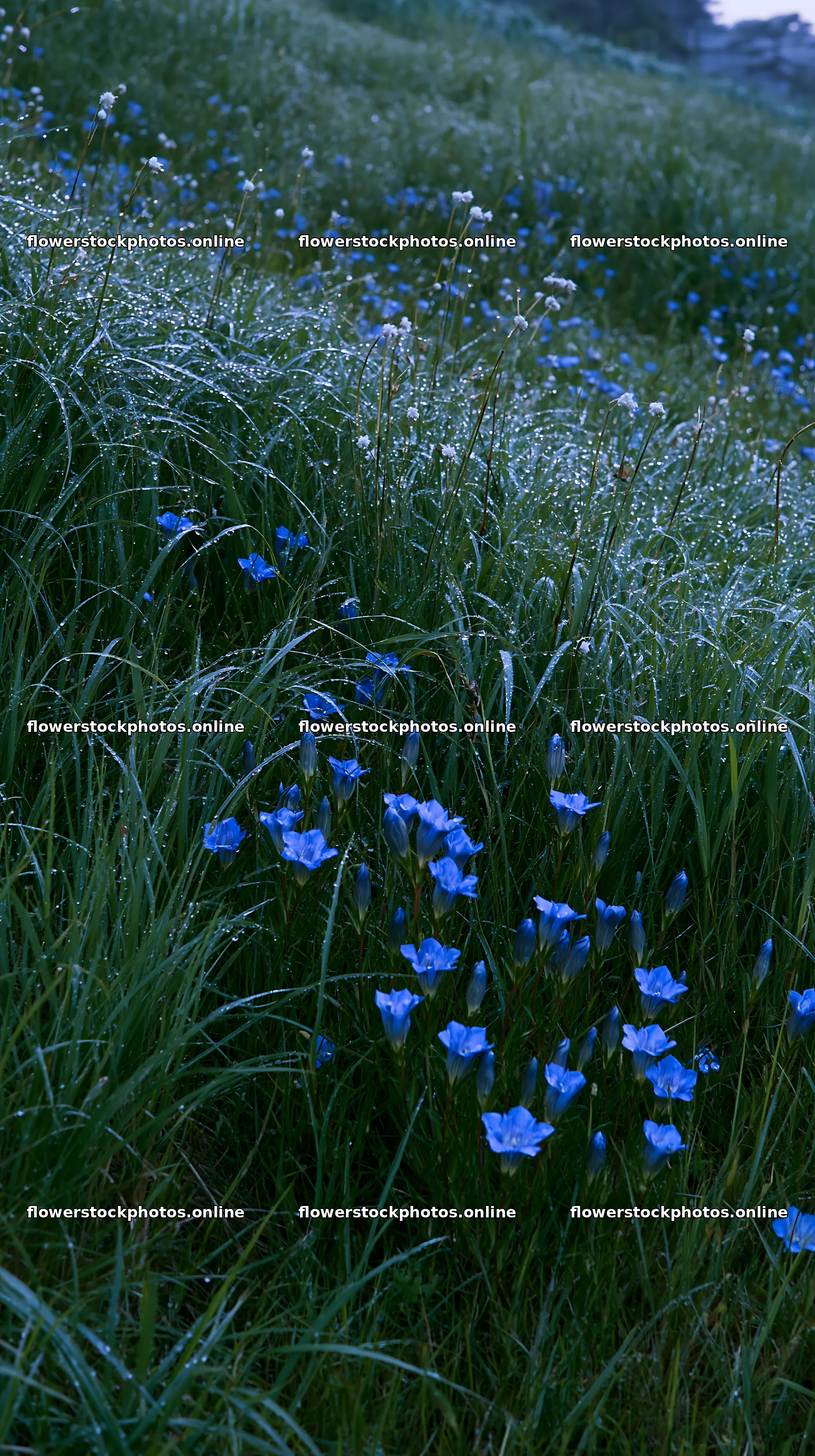 Expansive Hokkaido restoration meadow with dewdrops – flower stock photos 5938x10608