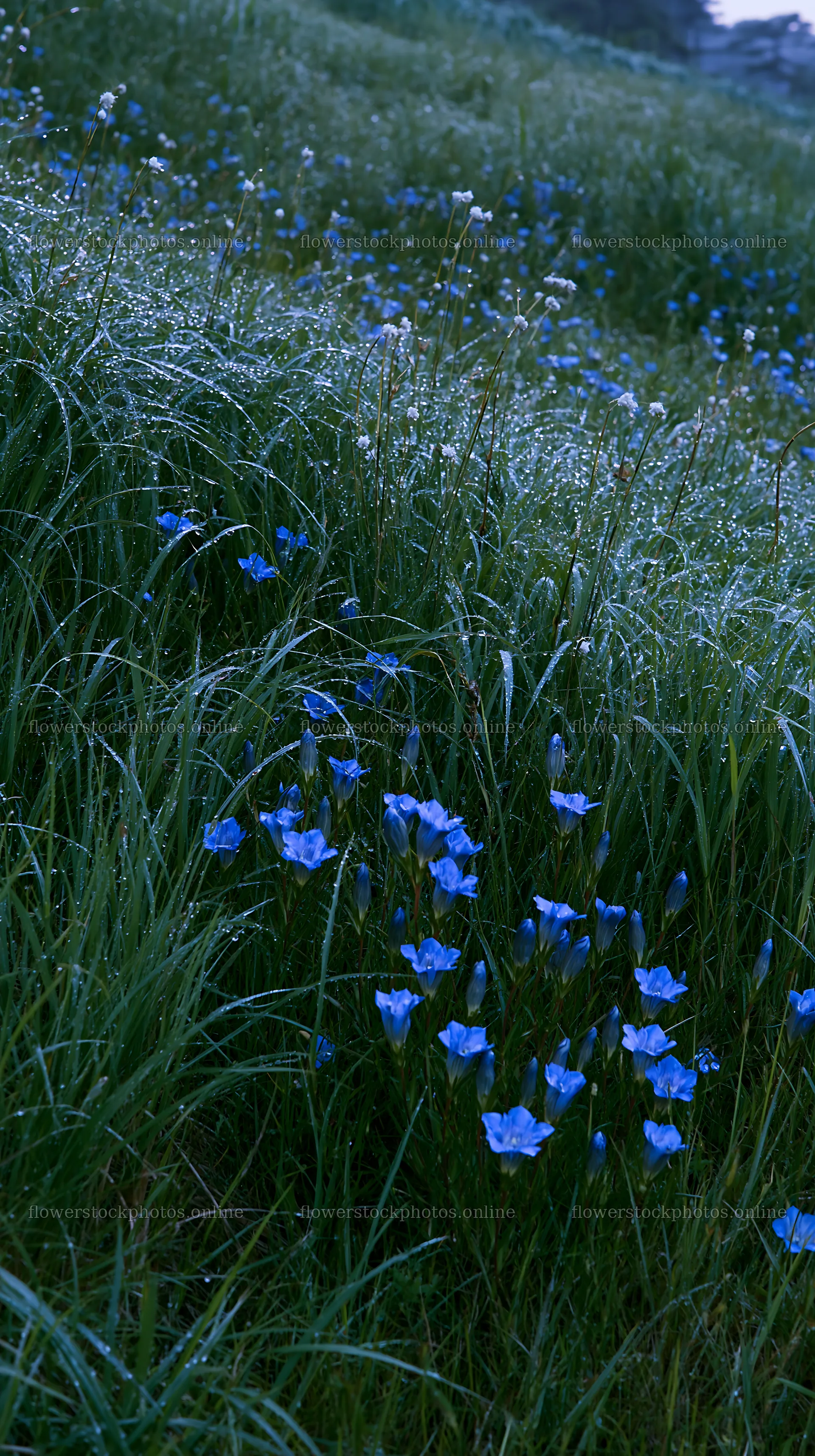 Expansive Hokkaido restoration meadow with dewdrops – flower stock photos 5938x10608