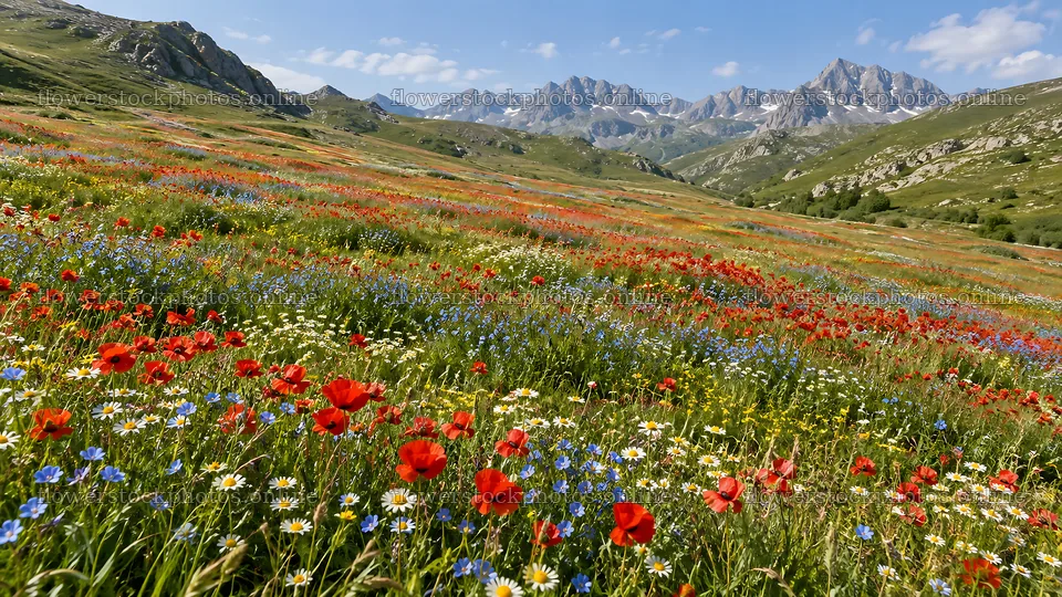 Wildflower Meadow Beneath a Rugged Mountain Range – flower stock photos 10324x5812