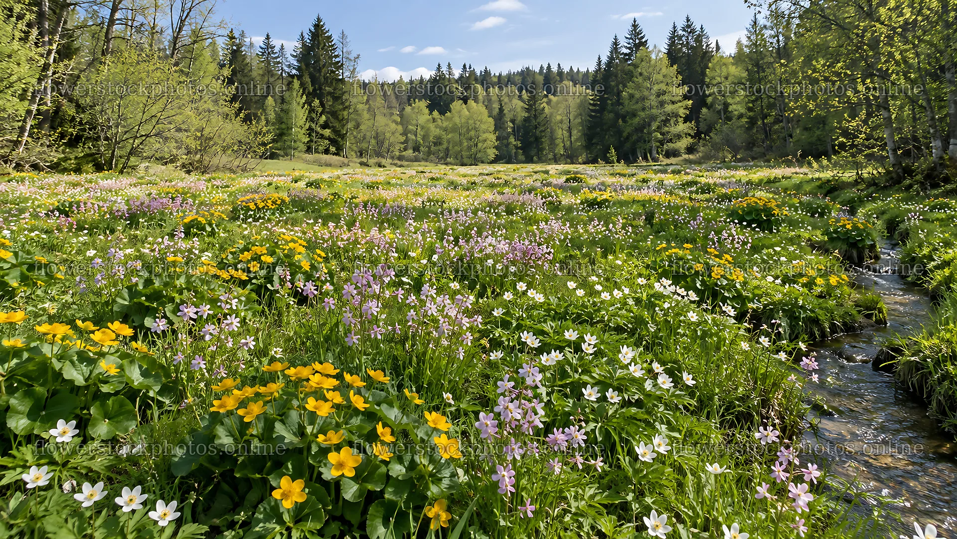Wildflower Meadow in a Sunlit Forest Clearing – flower stock photos 10324x5812