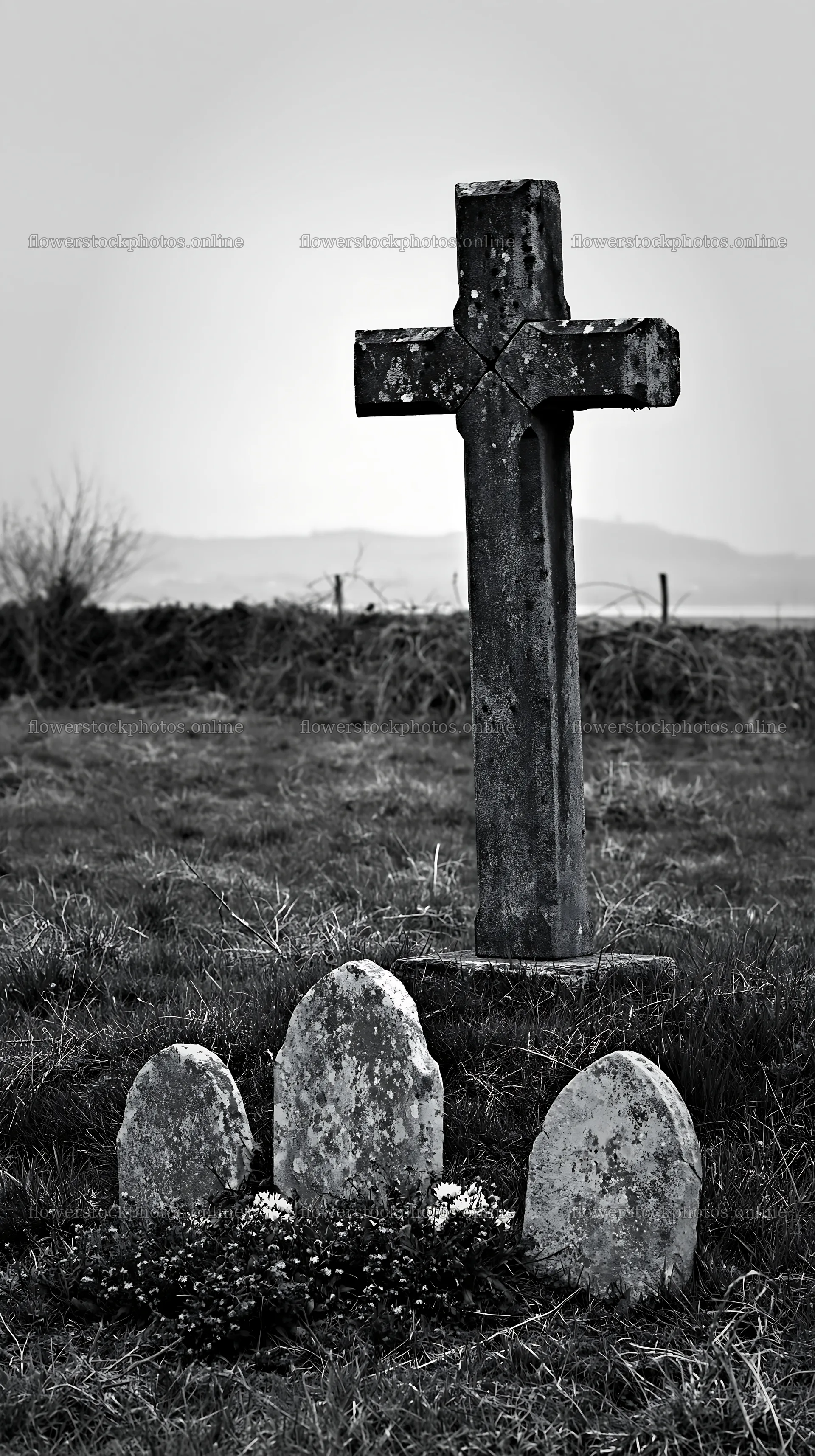 Rustic Christian cross in winter meadow with gravestones – flower stock photos 5938x10608