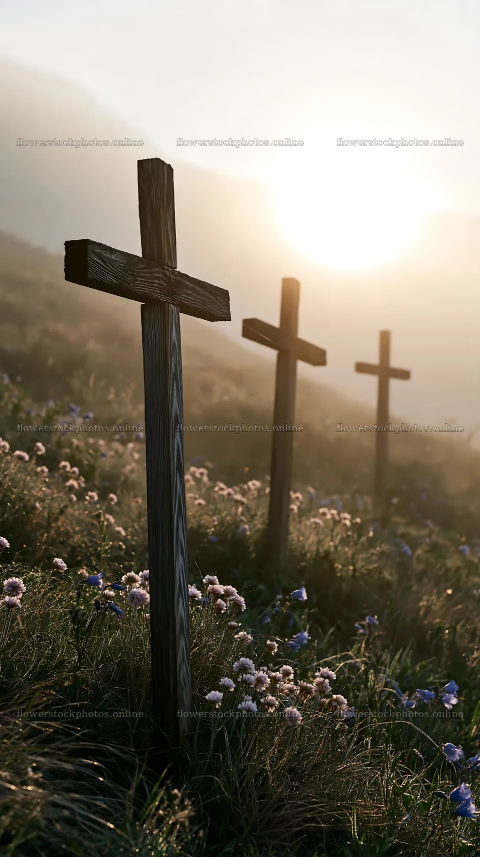 Rustic crosses in a Christmas meadow at sunrise – flower stock photos 5938x10608