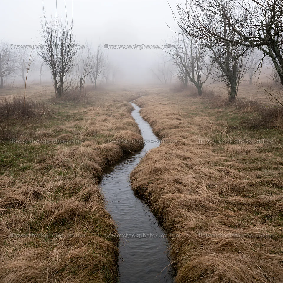 Foggy orchard meadow with a stream and bare trees – flower stock photos 7938x7938