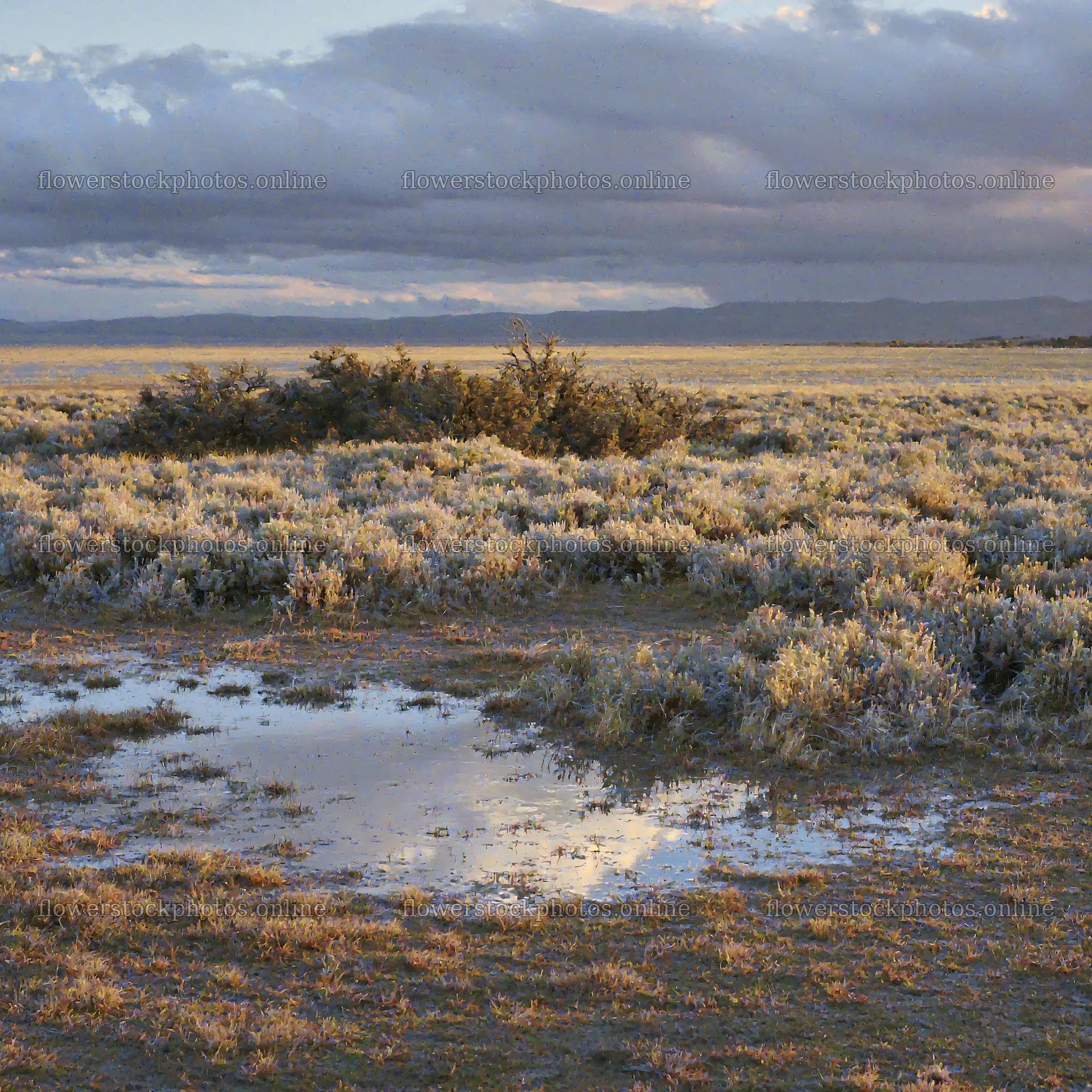 Sagebrush meadow light reflects in puddles on the ground – flower stock photos 7938x7938