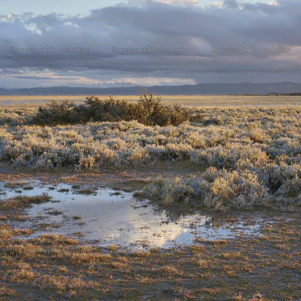 Sagebrush meadow light reflects in puddles on the ground – flower stock photos 7938x7938