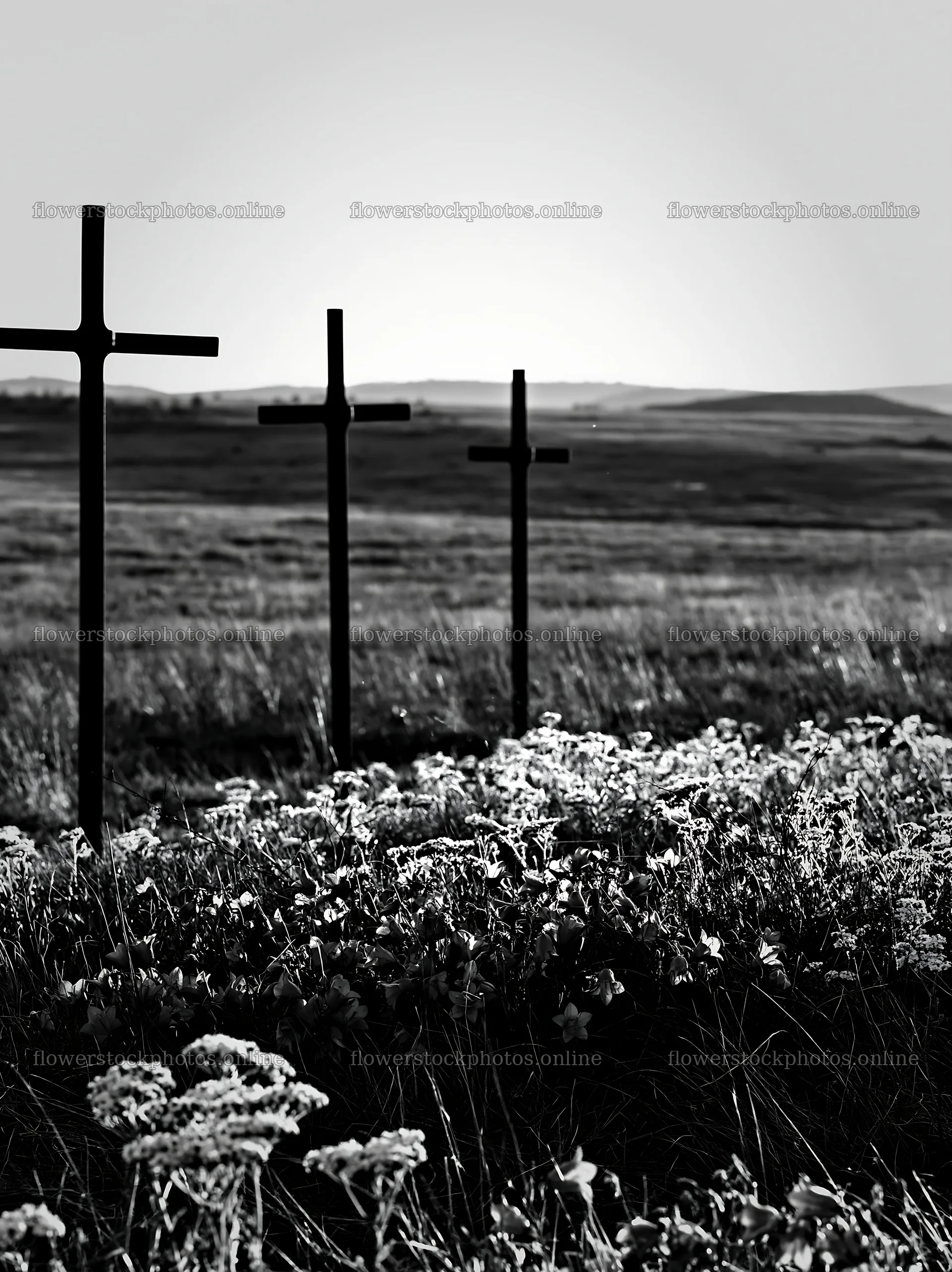 Three iron crosses in an Advent meadow – flower stock photos 6866x9174