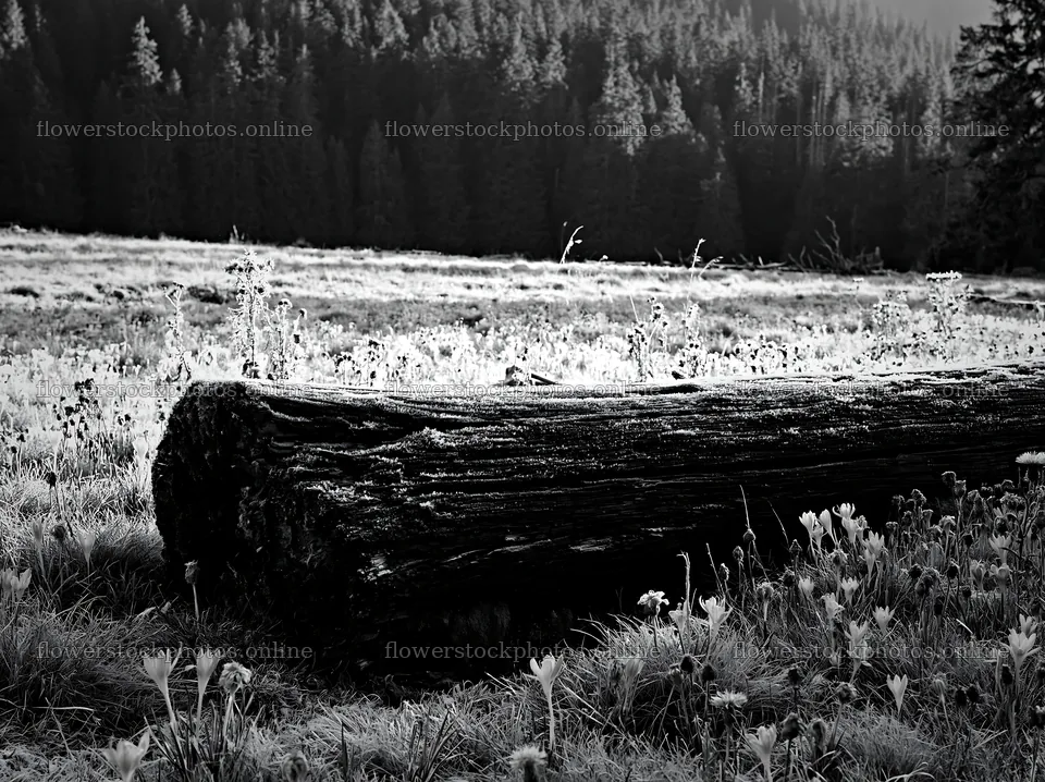 Weathered log in a meadow surrounded by forest – flower stock photos 9174x6866