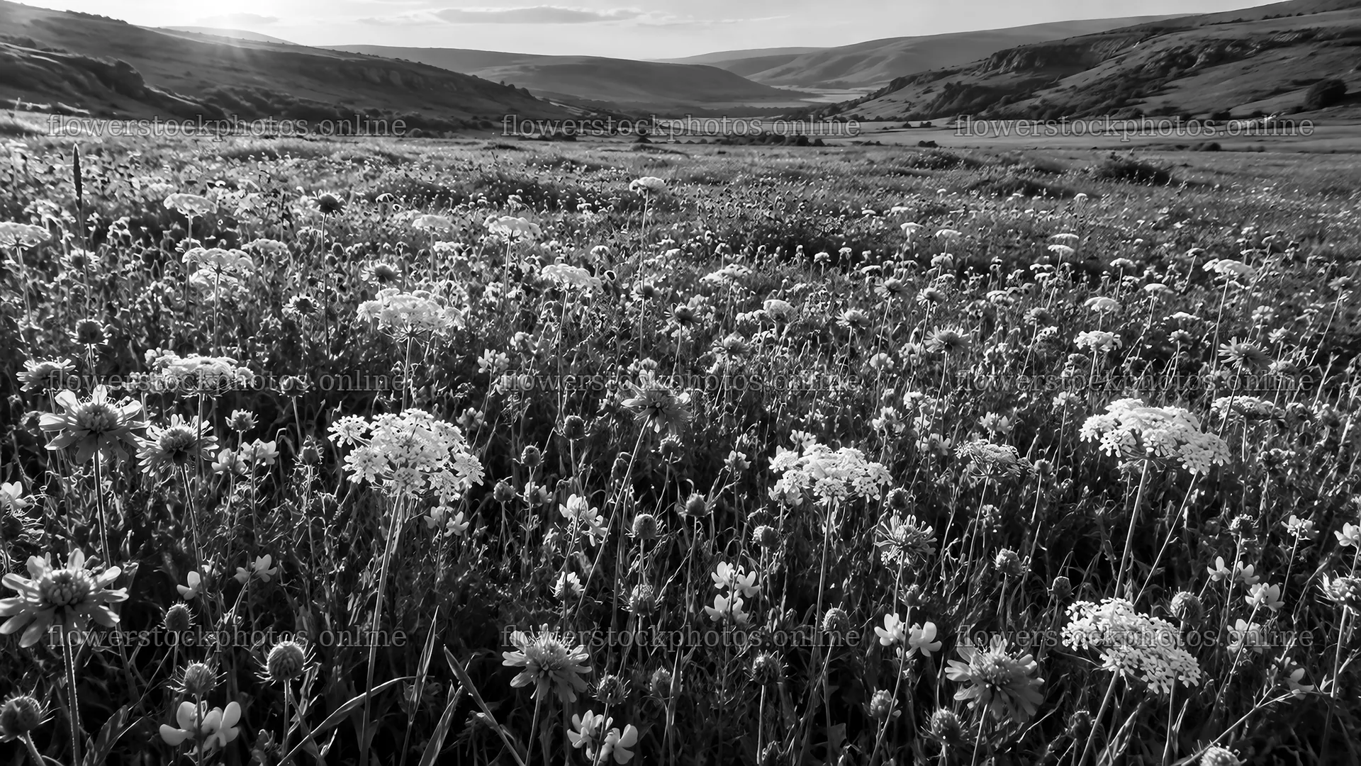Wildflower Meadow in a Black-and-White Valley – flower stock photos 10324x5812
