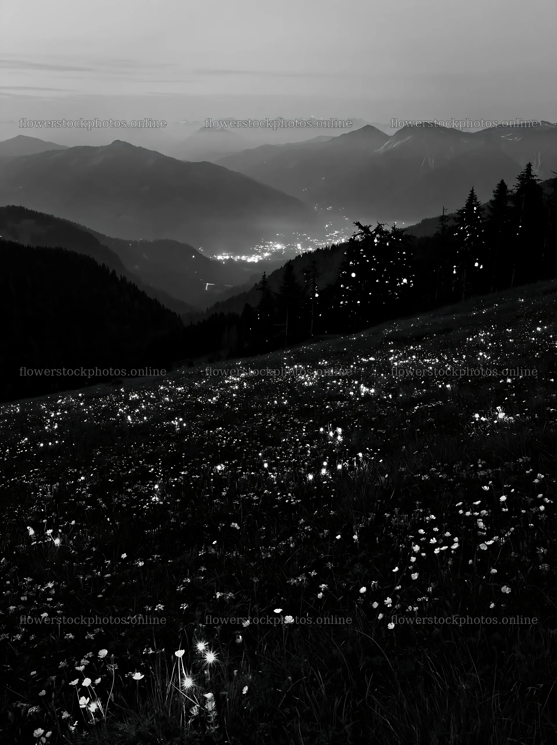 Christmas lights across mountain valley meadow at night – flower stock photos 6866x9174