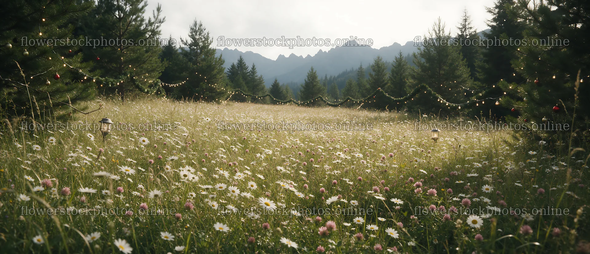 Christmas string lights in mountain valley meadow – flower stock photos 12094x5210