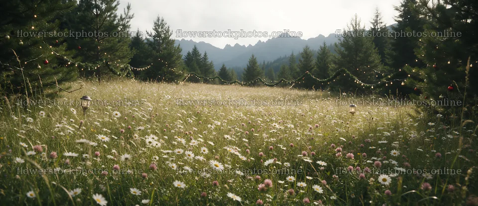 Christmas string lights in mountain valley meadow – flower stock photos 12094x5210