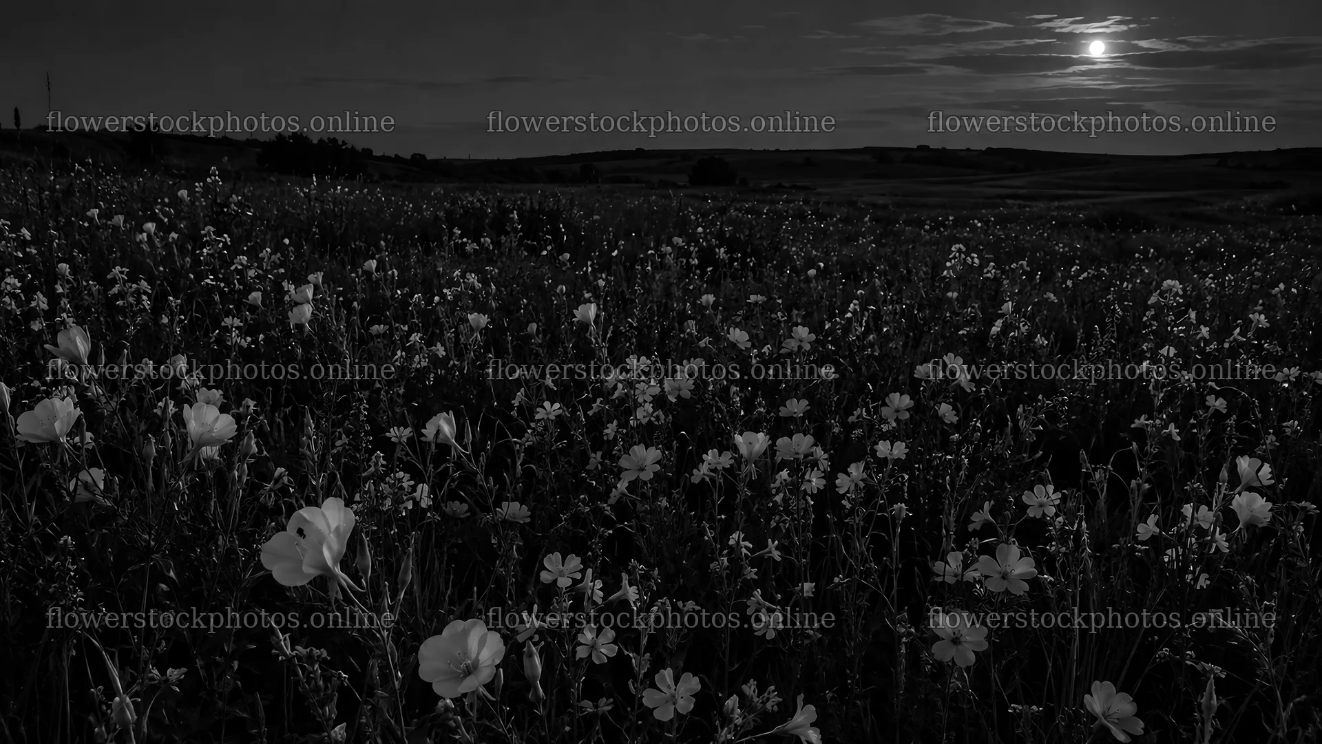 Moonlit Flower Meadow in Black and White – flower stock photos 10324x5812