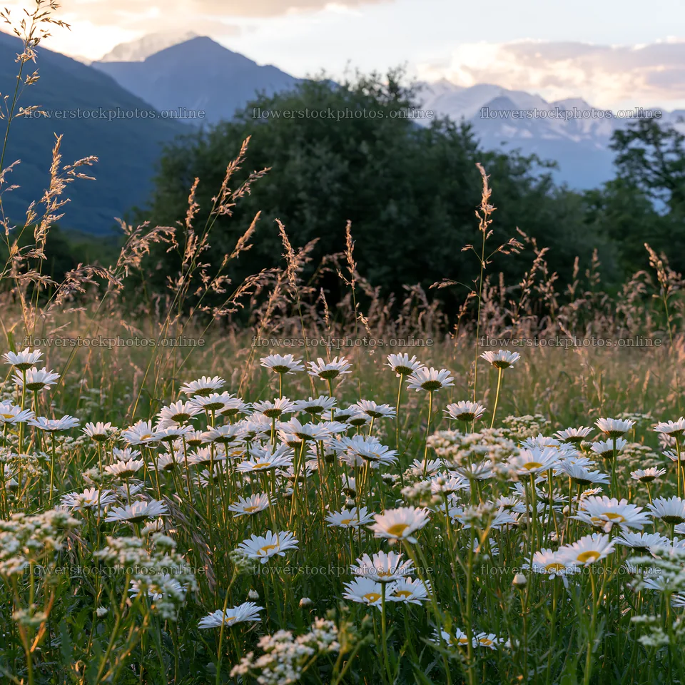 Twilight meadow with yarrow flowers and distant mountains – flower stock photos 7938x7938
