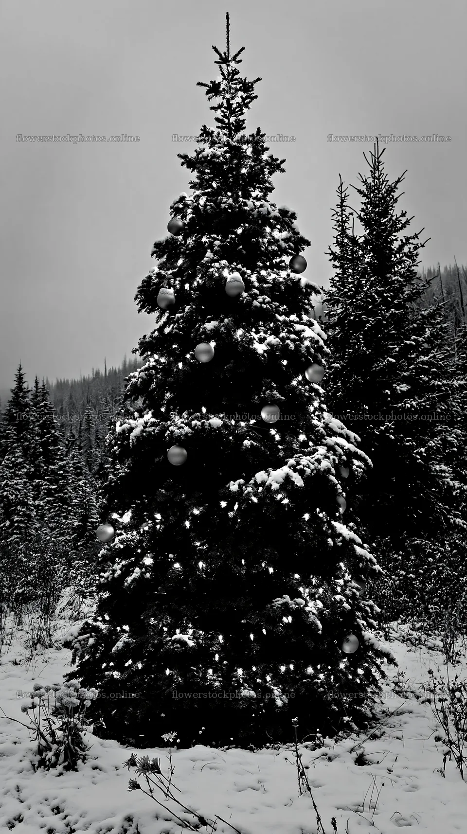 Christmas tree in mountain meadow after fresh snowfall – flower stock photos 5938x10608