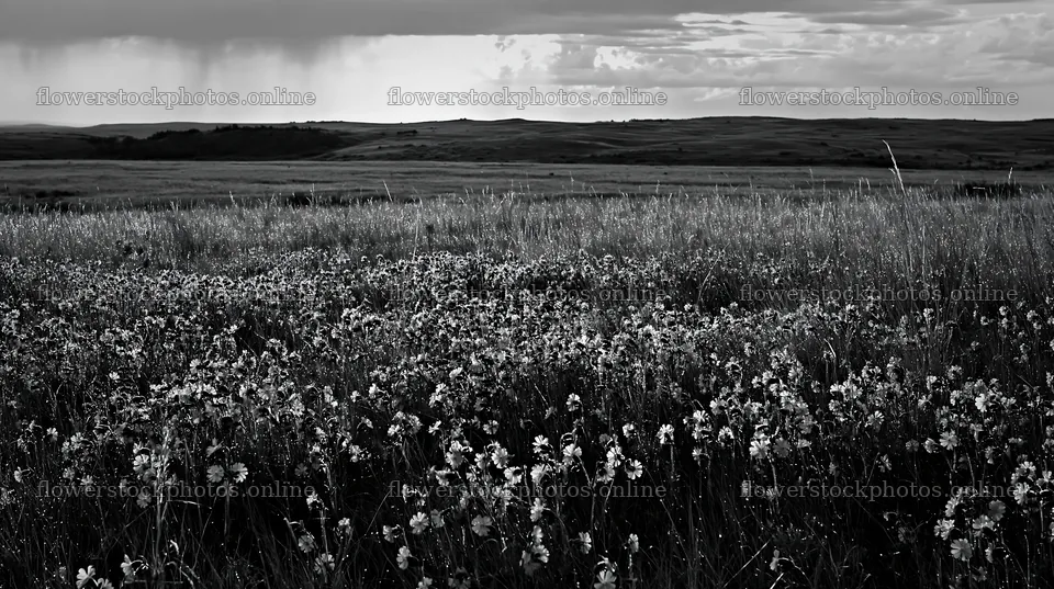 Silver dew meadow under cloudy sky with dark fields – flower stock photos 10608x5938