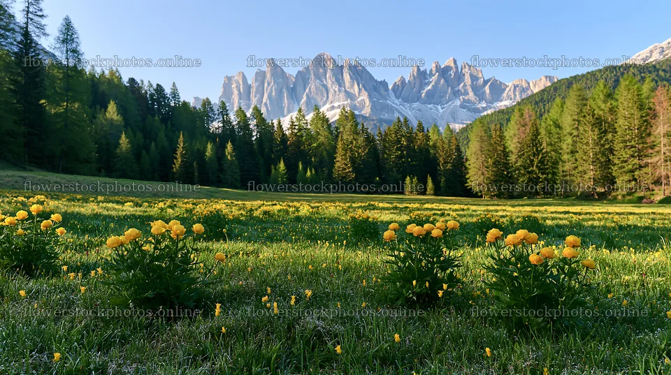 Frost-touched meadow with yellow flowers and mountains – flower stock photos 10608x5938
