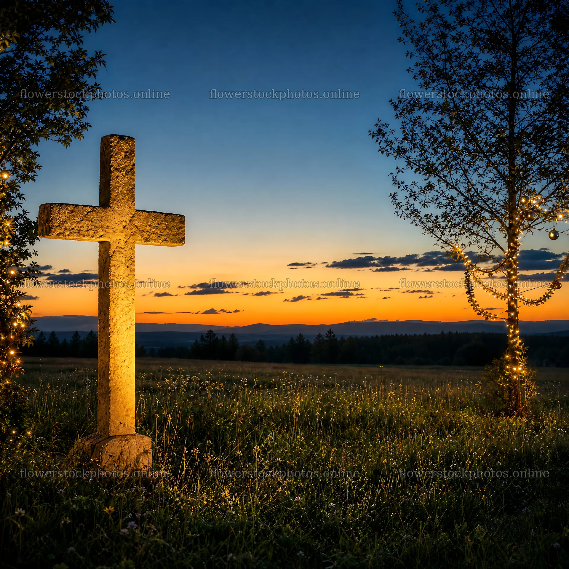 Golden cross at sunset in meadow with trees – flower stock photos 7938x7938