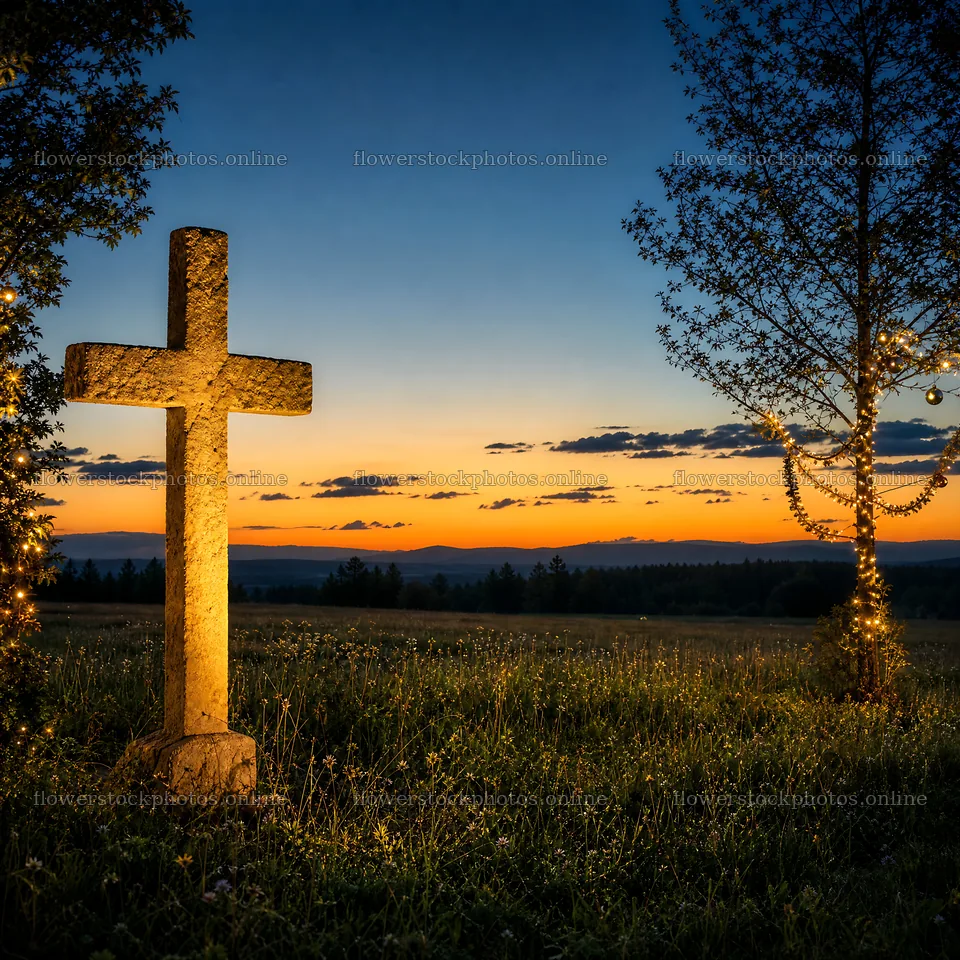 Golden cross at sunset in meadow with trees – flower stock photos 7938x7938