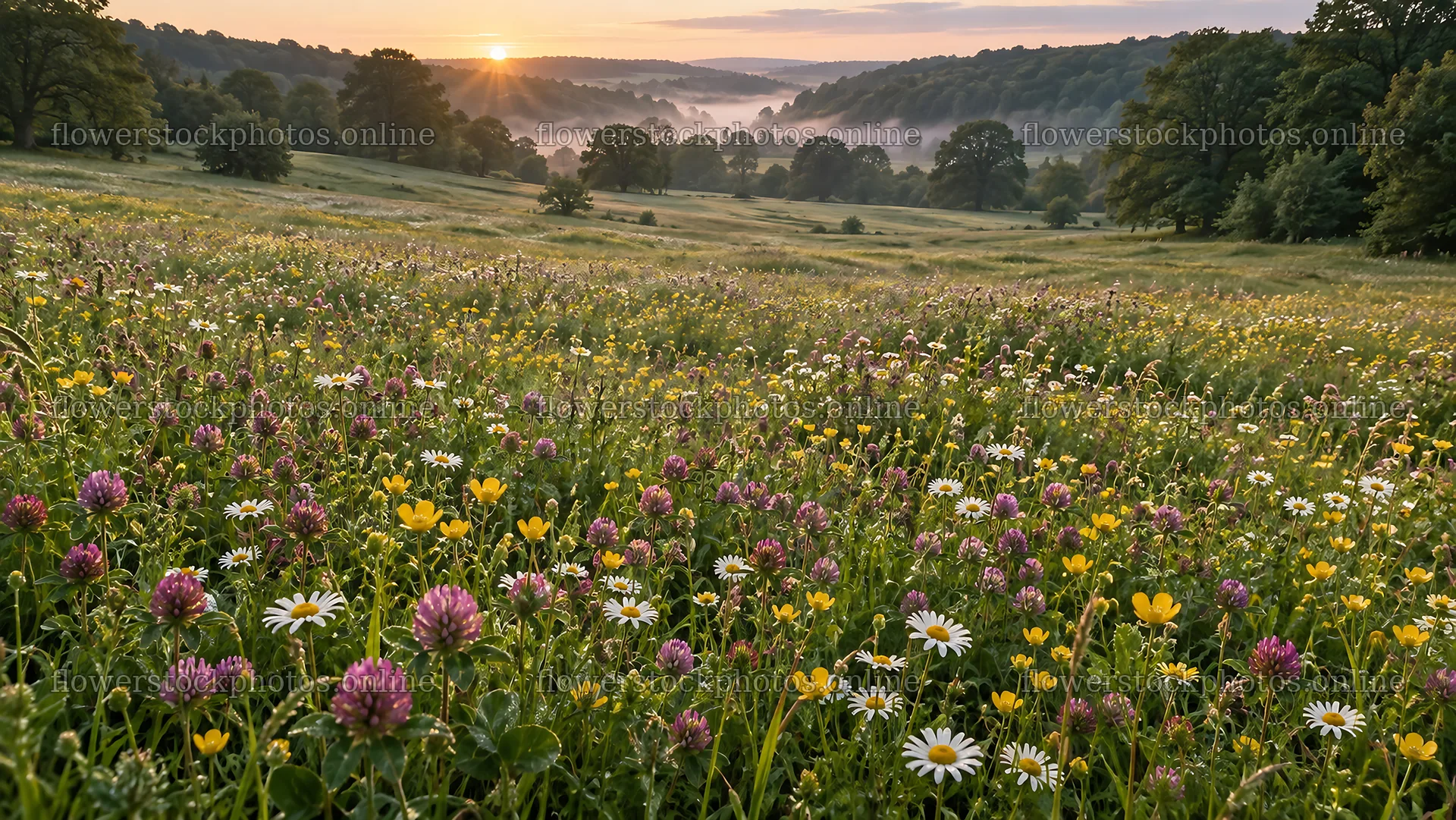 Wildflower Meadow in a Misty Forest Valley at Sunrise – flower stock photos 10324x5812