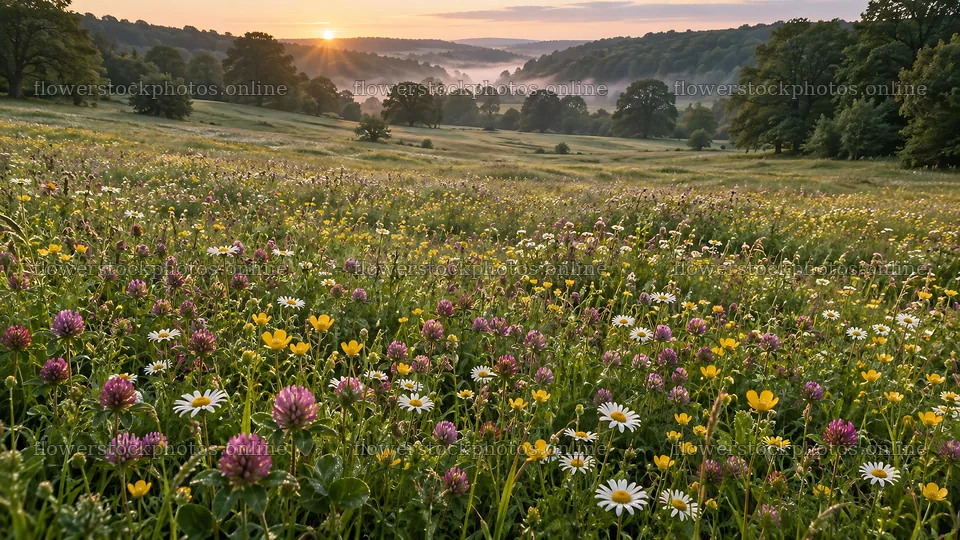 Wildflower Meadow in a Misty Forest Valley at Sunrise – flower stock photos 10324x5812