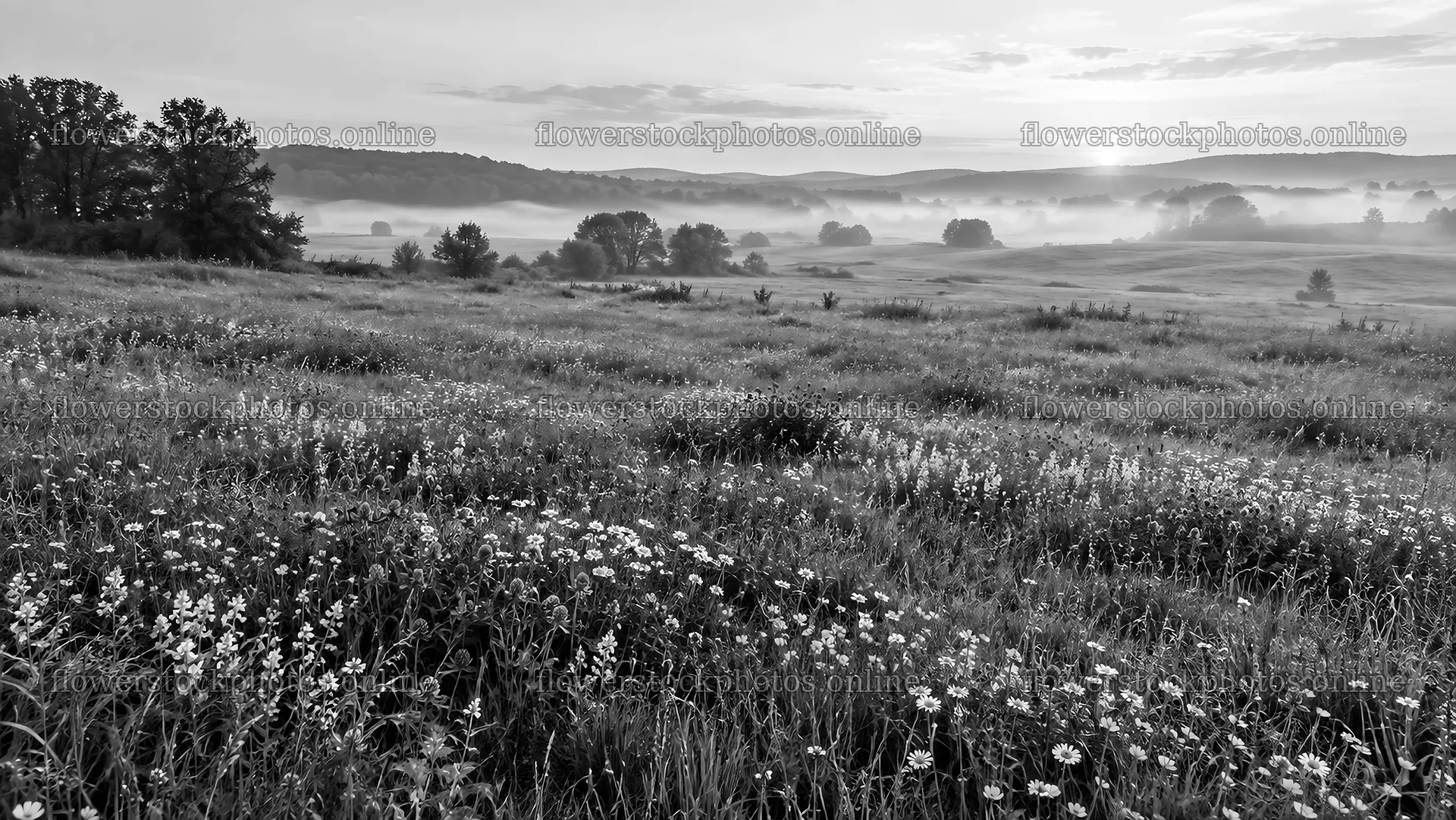 Monochrome Wildflower Meadow in Morning Mist – flower stock photos 10324x5812