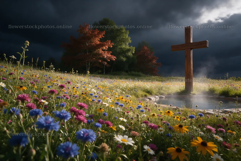 Wooden Christian cross in hot spring meadow with flowers – flower stock photos 9722x6480